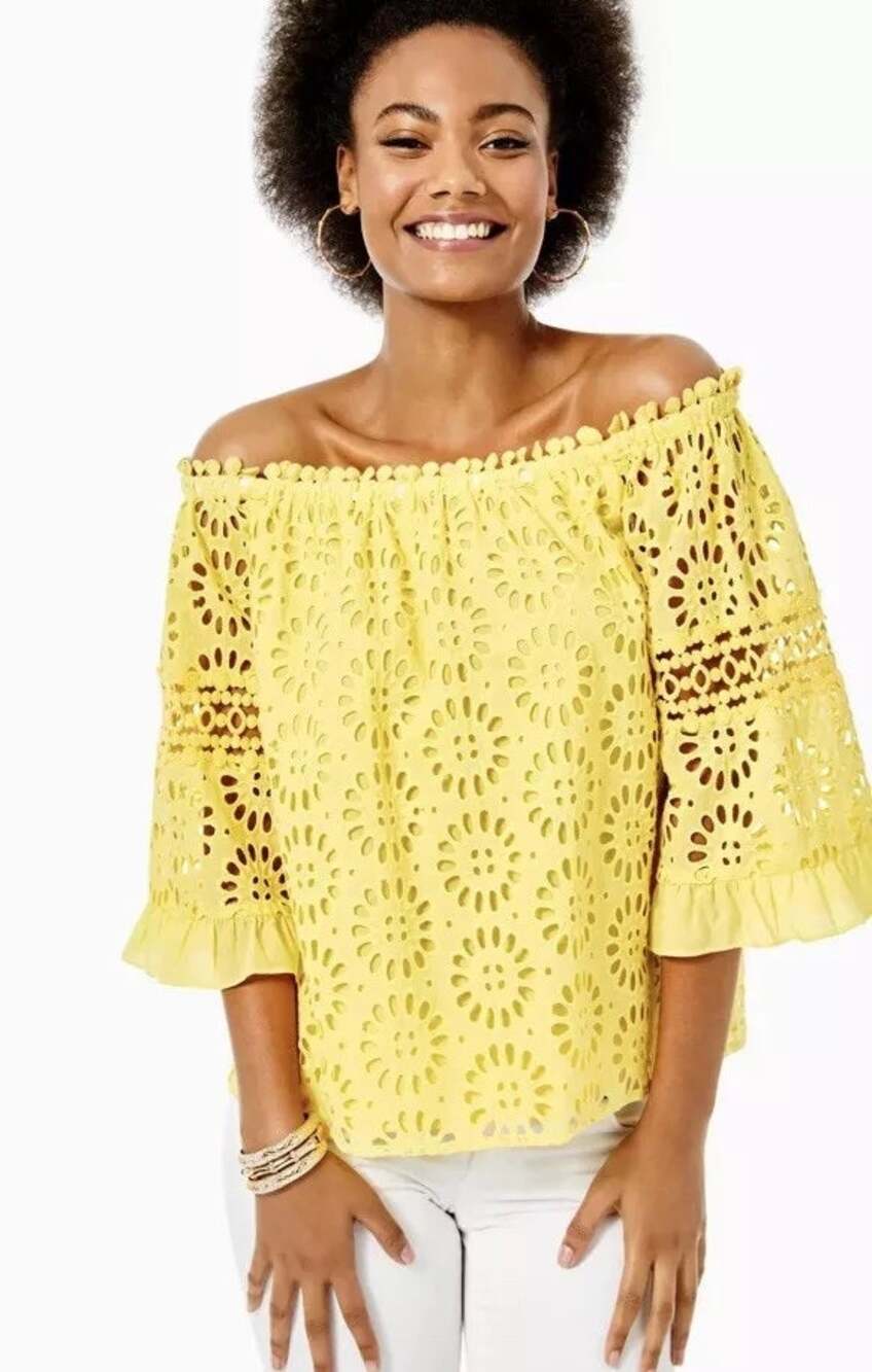 New Lilly Pulitzer Laurenne Off-The-Shoulder Eyelet Top Yellow Half Sleeve Sz M